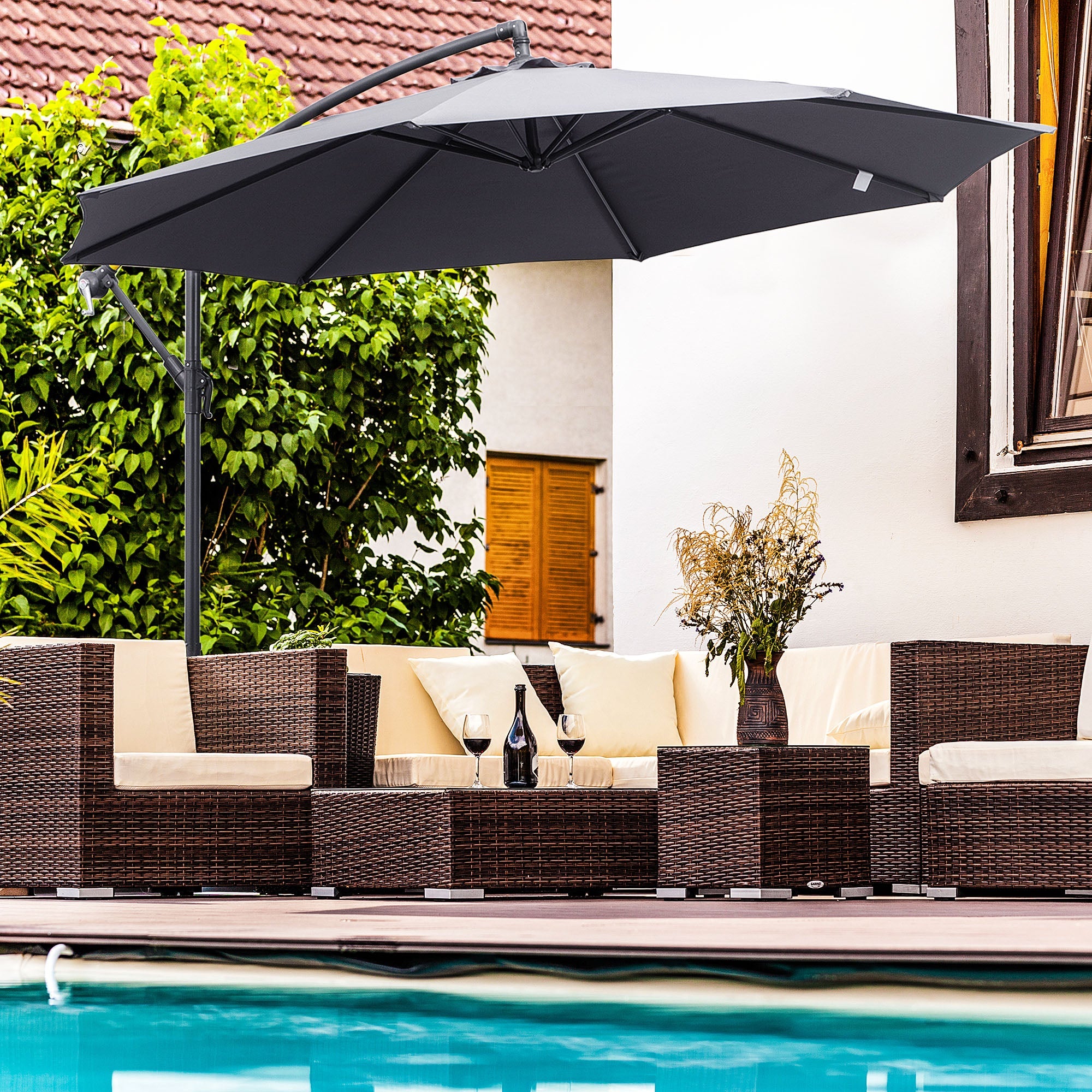 Outsunny Banana Hanging Rattan Umbrella Set: 10ft Cantilever Patio Sun Parasol with Base, Grey 