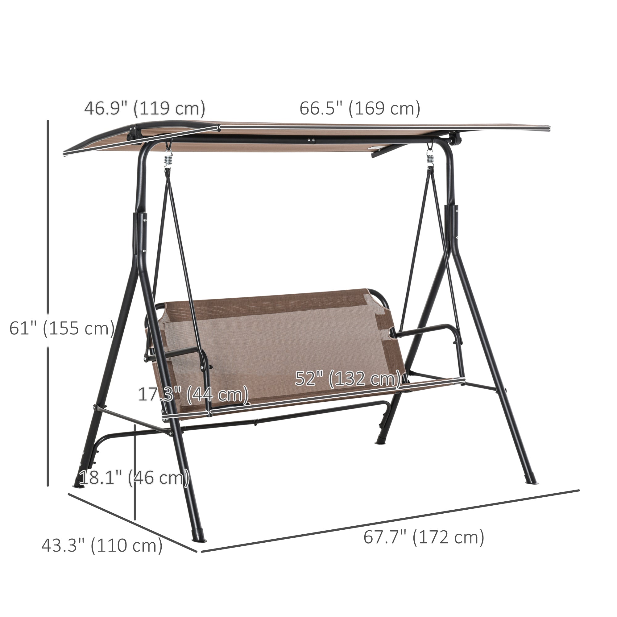 Outsunny 2 Person Porch Swing Chair Patio Bench Adjustable Canopy Breathable Seat Garden Poolside Brown 