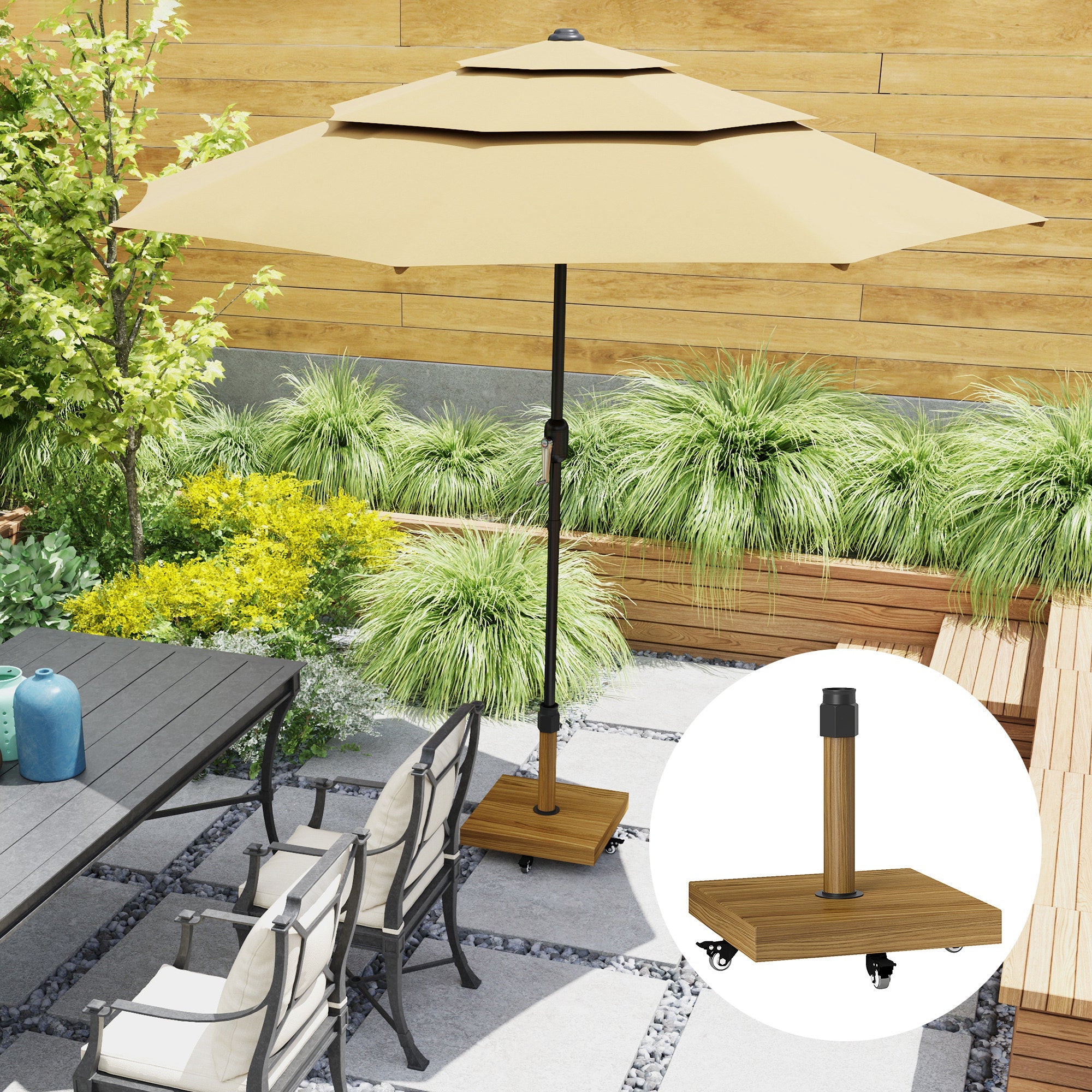 Outsunny Patio Umbrella Base Holder, Outdoor Umbrella Stand with Wheels, Heavy Duty Patio Umbrella Stand Base for Garden, Poolside, Nature Wood 
