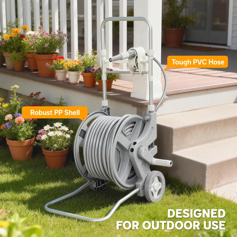 Hose Reel Cart with Wheels, 1/2" x 148ft Garden Hose Reel with 2 Patterns Nozzle, Faucet Adaptors, Rewind Handle, Grey