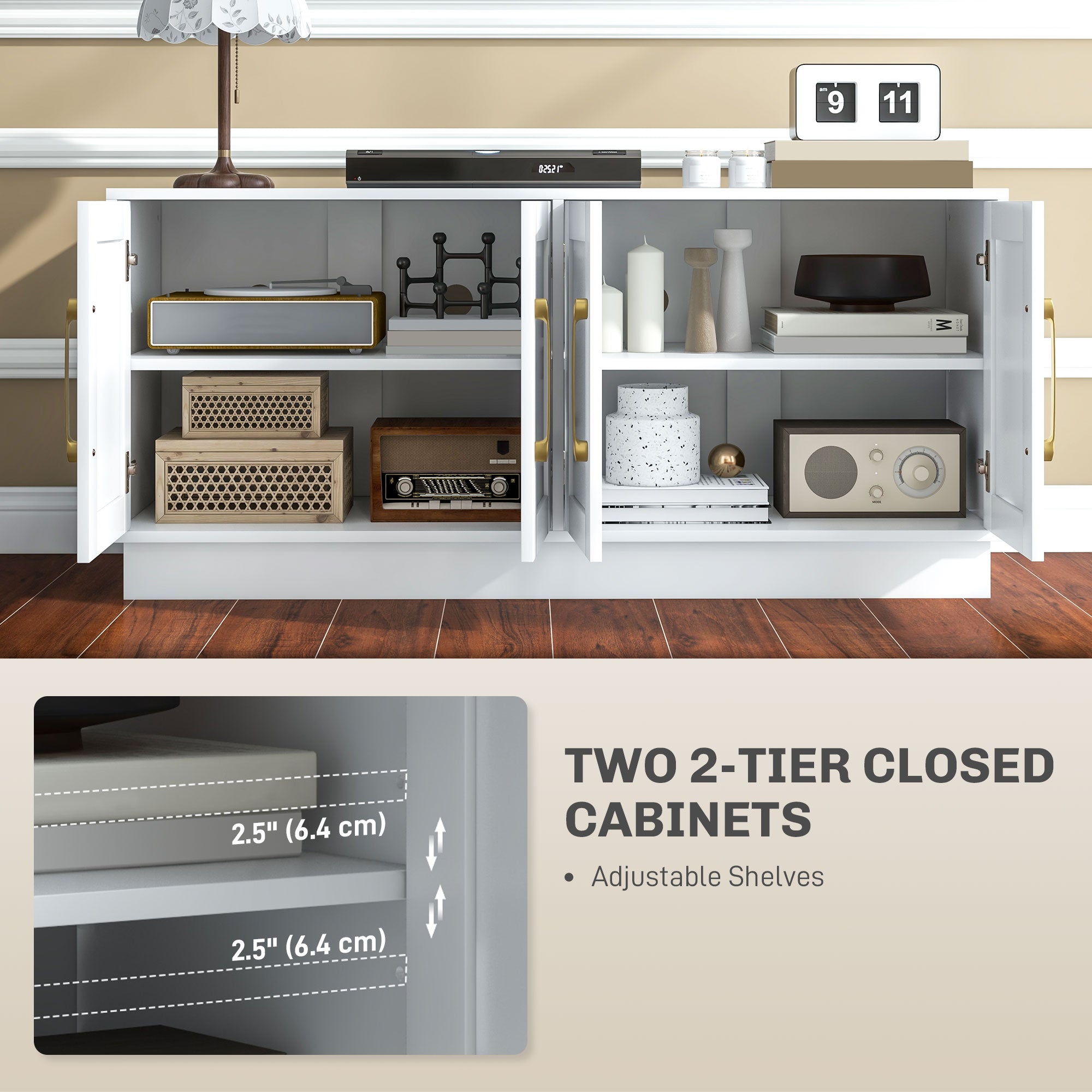 HOMCOM Modern TV Stand Cabinet for TVs up to 55" 4 Doors 2 Shelves Cable Management Wood Living Room Entertainment Center Storage White 