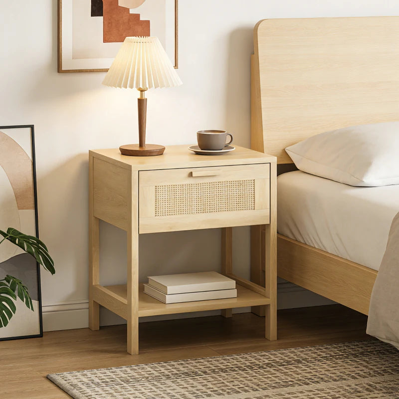 Narrow Nightstand with Rattan Elements, Bedside Table with Drawer and Storage Shelf for Bedroom, Set of 2, Natural Wood