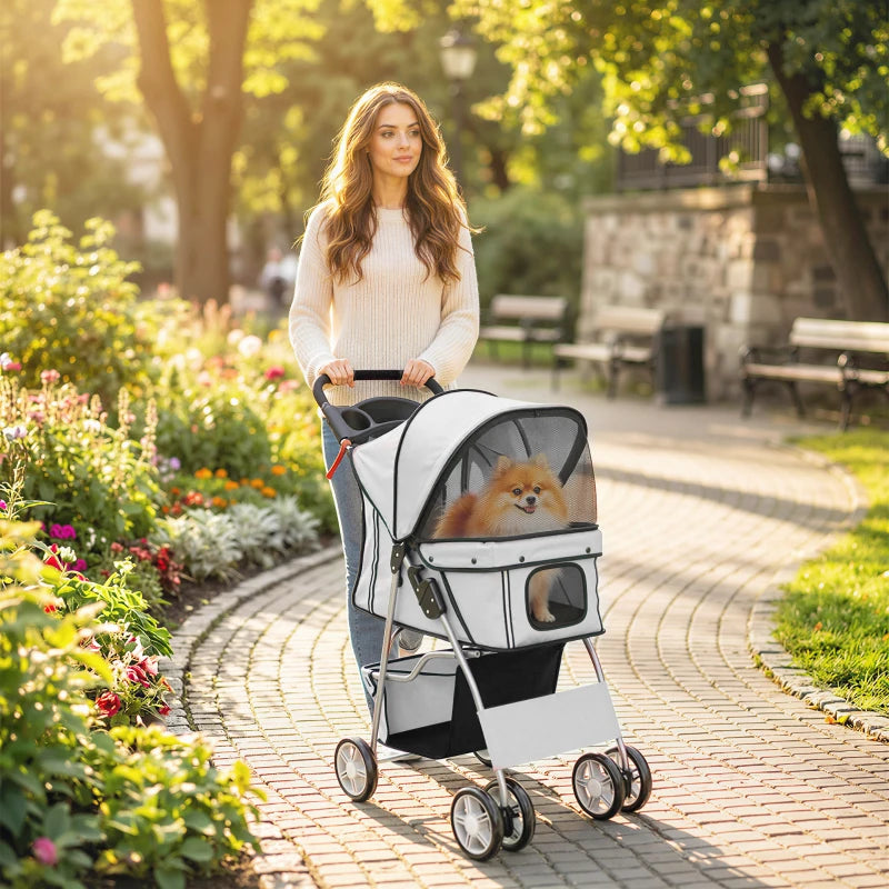 Pet Stroller for Dogs & Cats, Foldable Dog Stroller with Wheels, Reflective Strips, Brake, Pad and Basket, Grey