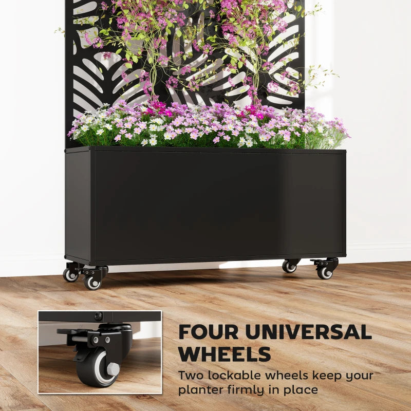 Metal Planter Box with Trellis, Raised Garden Bed with Monstera Leaf Cut-Out Privacy Screen and Wheels
