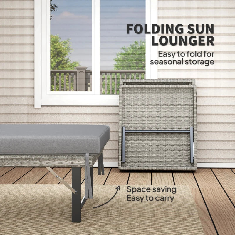 Folding Outdoor Lounge Chair, Wicker Chaise Lounge Tanning Chair with Cushion for Beach, Poolside, Garden, Grey