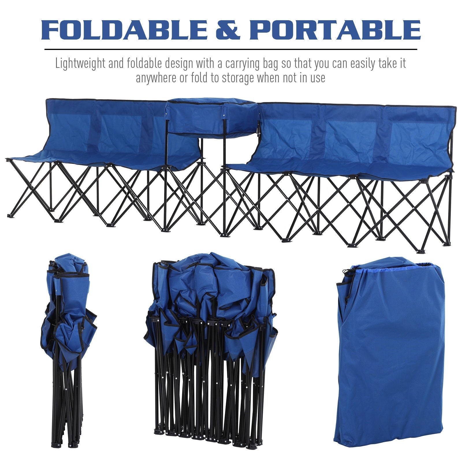 Outsunny 6 Seat Sport Bench Camp Seat Crowd Folding Portable Cooler Bag w/ Carrying Case Blue 