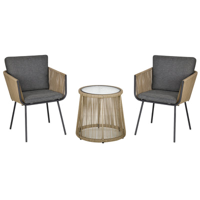 Outsunny Wicker Rattan 3 PCS Bistro Set Webbed Patio Furniture Conversation Chairs Coffee Table Metal Legs Garden Backyard Deck 