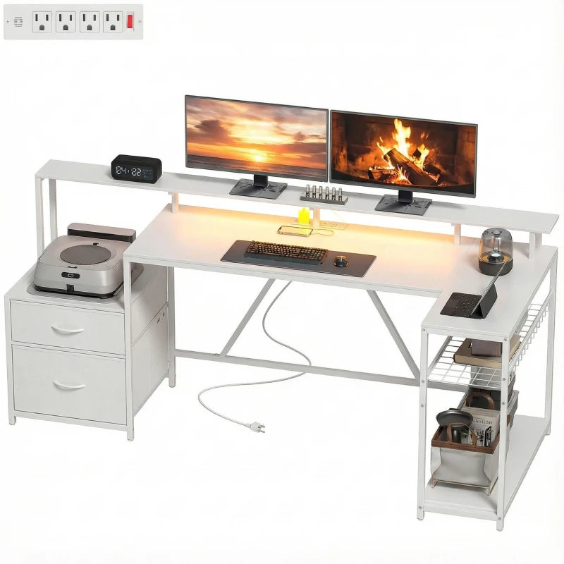 76" Gaming Desk, Reversible Computer Table with RGB Lights, USB Ports, Monitor Stand and 2 Fabric Drawers, White
