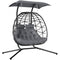 Double Wicker Egg Swing Chair with Canopy, Foldable Hanging Egg Chair with Stand Cushion Headrest, Black
