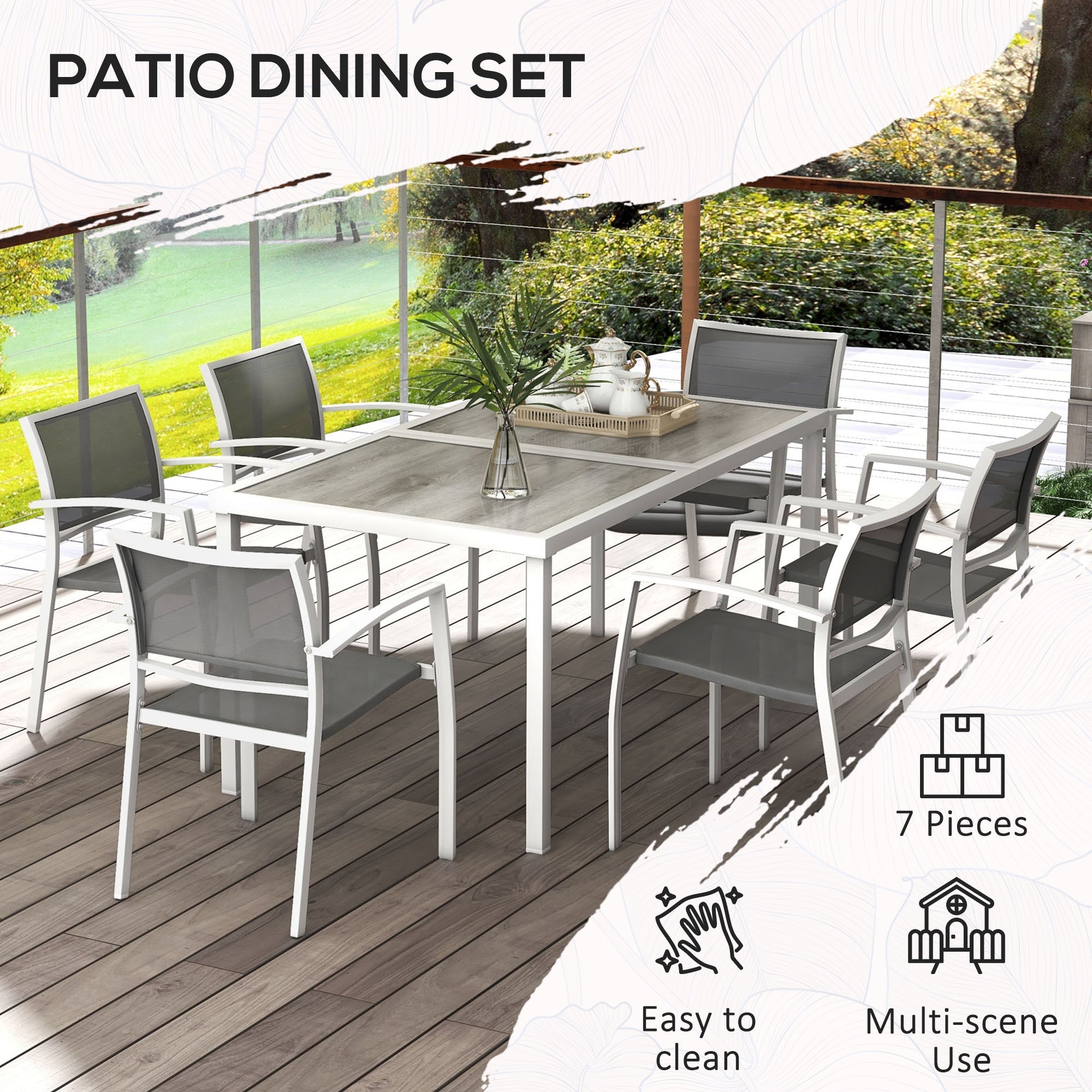Outsunny 7 Pieces Outdoor Dining Set with 6 Stackable Chairs, Patio Table and Chairs with Plastic Top, Breathable Mesh Seat Back 