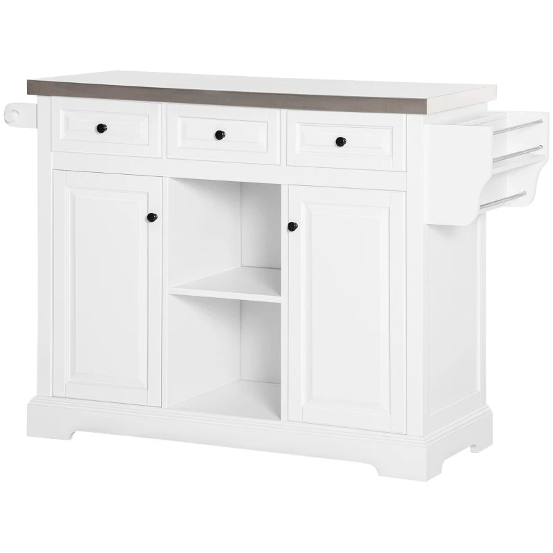Kitchen Island on Wheels with Stainless Steel Top, Spice Rack, Drawers, Rolling Bar Cart with Storage, White