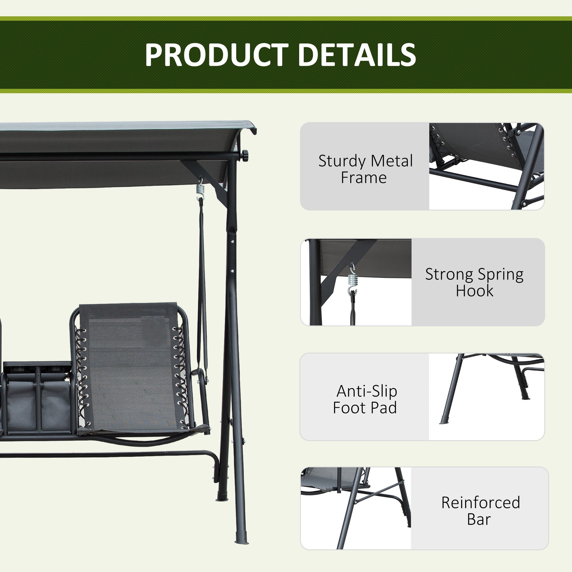 Outsunny 2-Person Patio Swing Chair Covered Porch Swing with Pivot Storage Table, Cup Holder, & Adjustable Overhead Canopy, Grey 