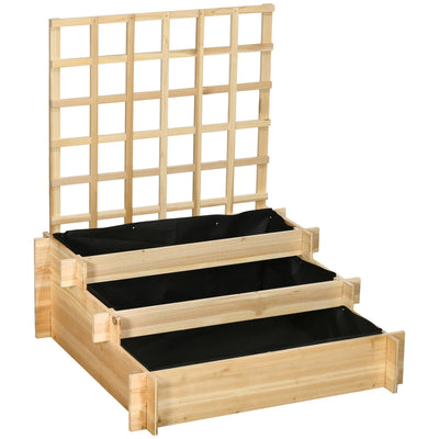 Outsunny Wooden Elevated Garden Bed with Trellis - 3 Tier Planter Box for Climbing Plants, Outdoor Use, Natural Finish 