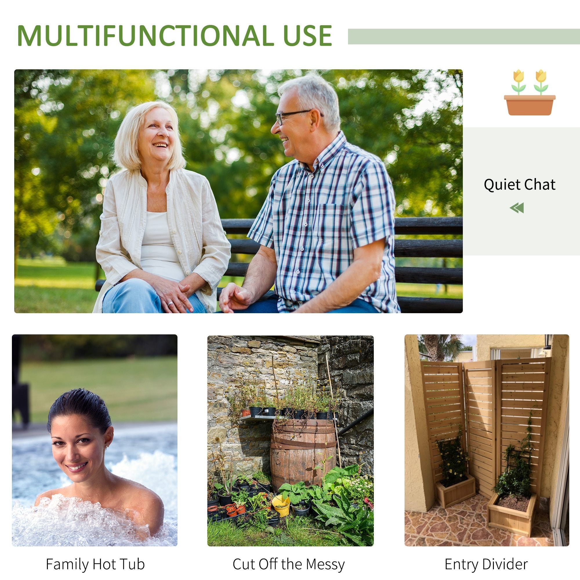 Outsunny Outdoor Privacy Screen Wood Privacy Panel with 4 Planter Boxes, Raised Bed with 3 Panels, Drainage Holes 