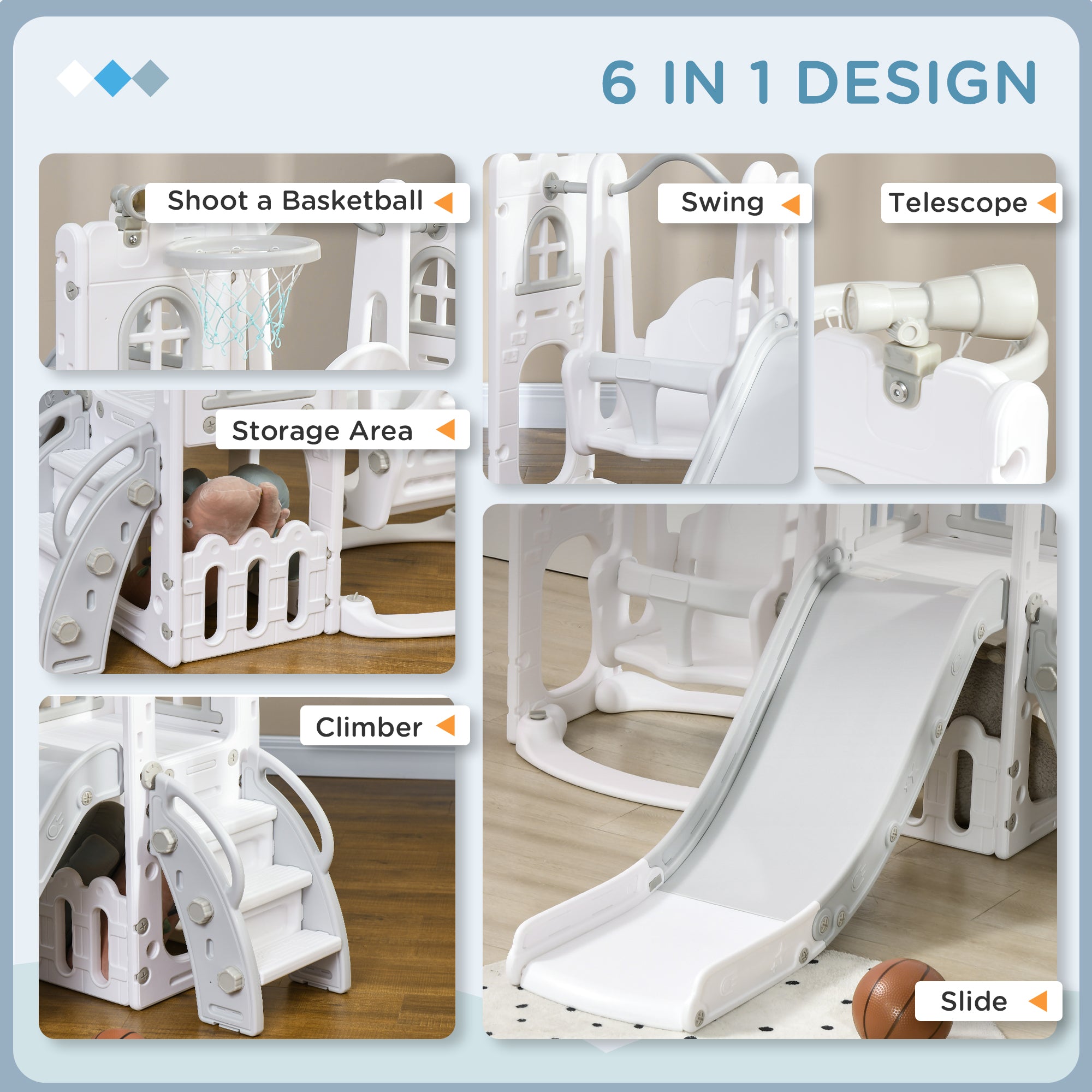 Qaba 6-in-1 Slide and Swing Set Baby Swing Playset Indoor with Basketball Hoop, Climber, Storage Space, Telescope, Grey 