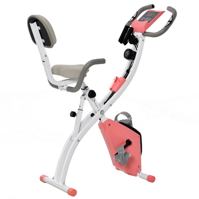 Soozier 2 in 1 Upright Stationary Exercise Bike Foldable Magnetic Recumbent Cycling with Arm Resistance Bands Pink 