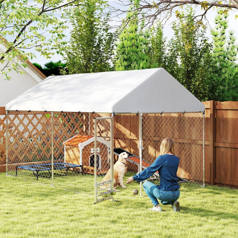 Outdoor Dog Run with Adjustable & Rotatable Bowls, Waterproof UV-Resistant Cover, Escape-Proof Lock, 13.1' x 7.5' x 7.5'