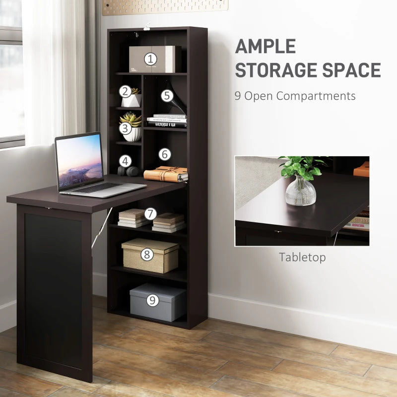 Fold-out Convertible Office Desk, Wall Mount Computer Desk with Blackboard and Side Shelf, Brown