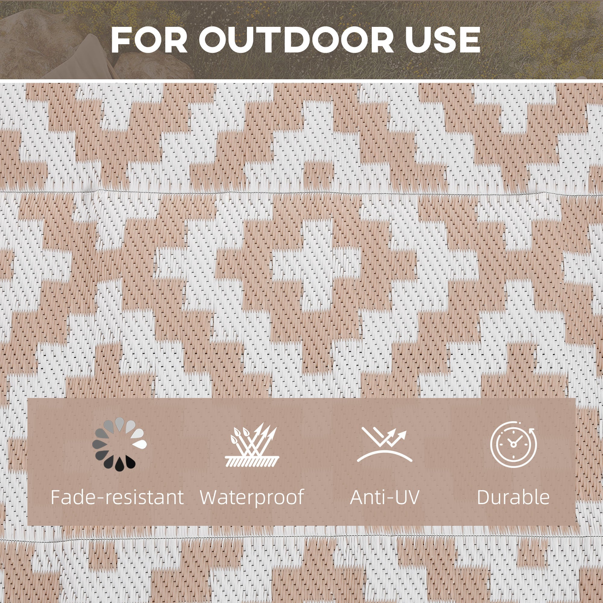 Outsunny Reversible Outdoor RV Rug, Patio Floor Mat, 6' x 9' Plastic Straw Rug for Backyard, Deck, Beach, Camping, Coffee & White 