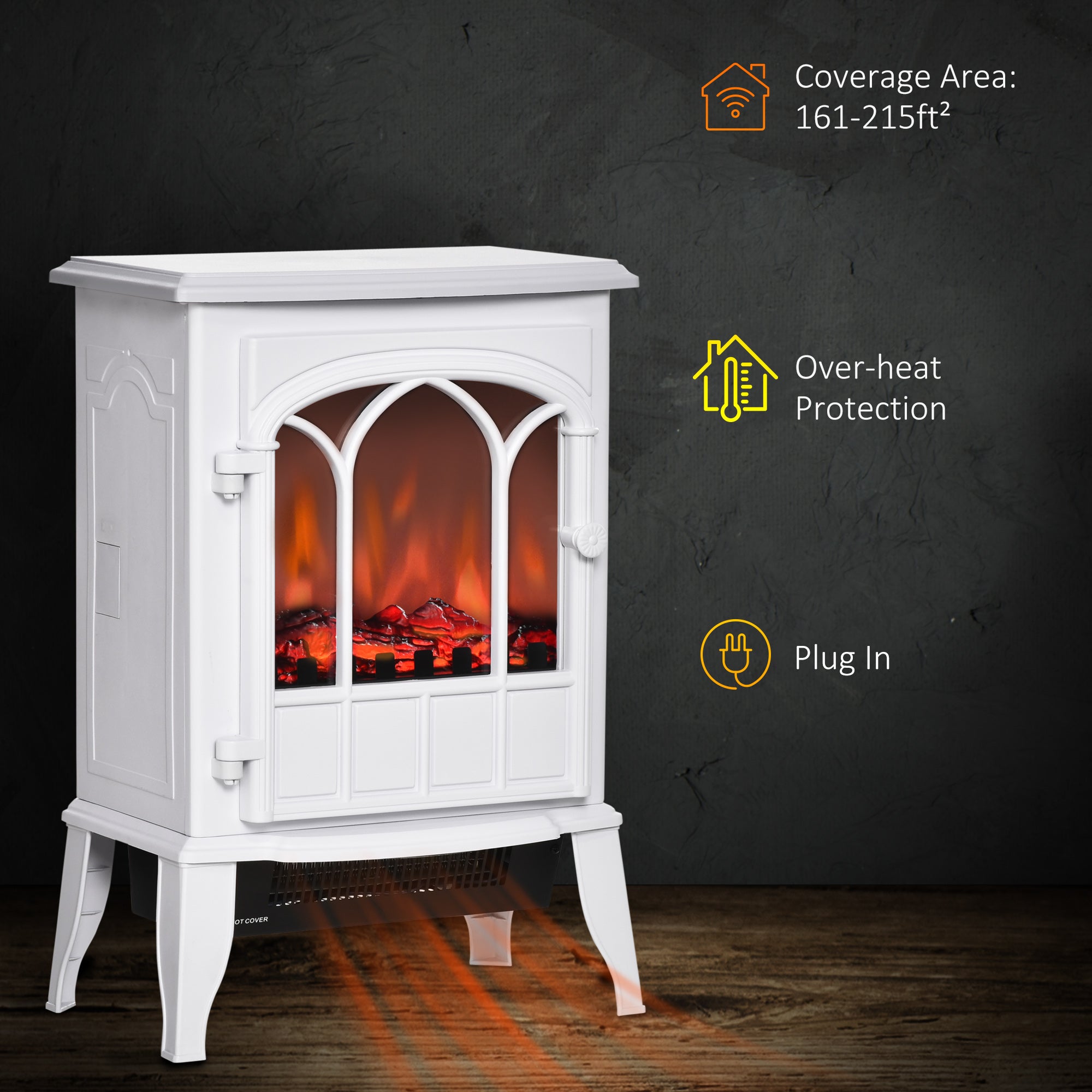 HOMCOM Electric Fireplace Heater, Freestanding Fireplace Stove with Realistic Flame, Adjustable brightness, White 
