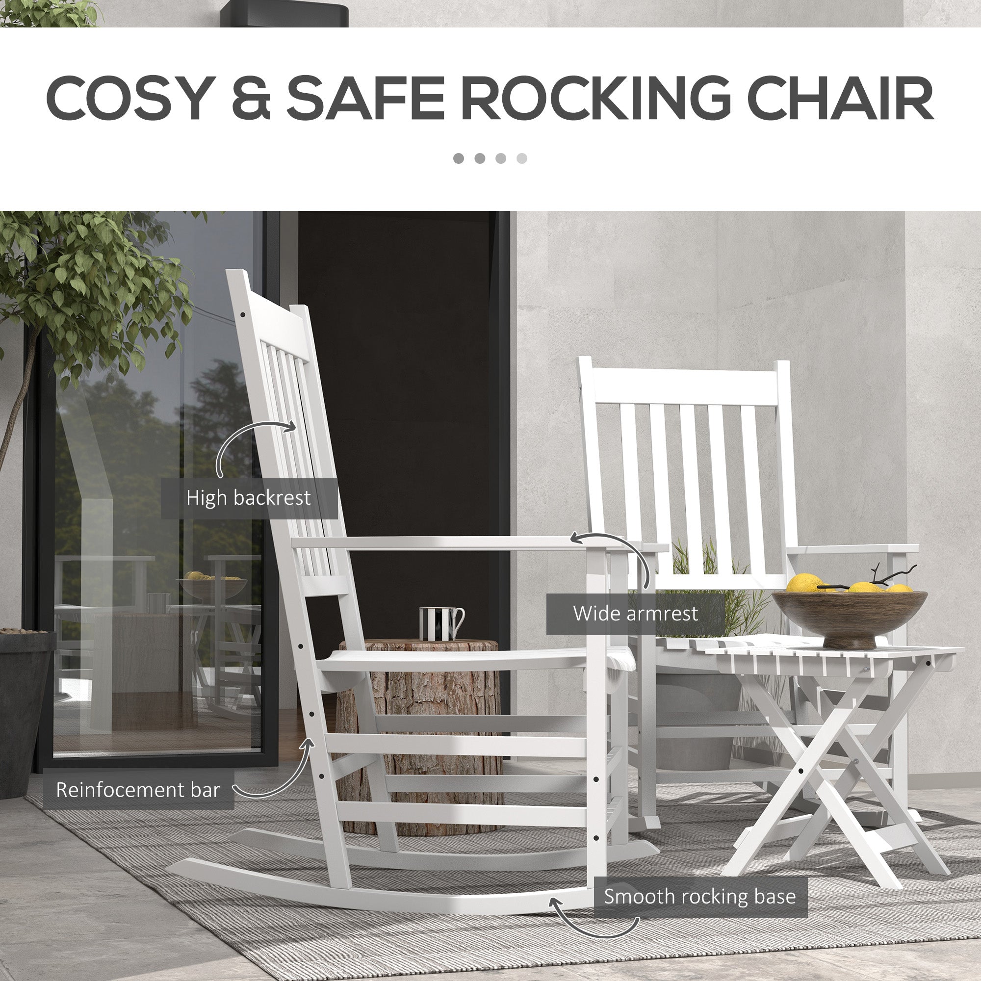 Outsunny 3 Pieces Outdoor Rocking Chair Set, Wooden Patio Rocking Chair Set with Folding Table, High Back and Armrests, White 