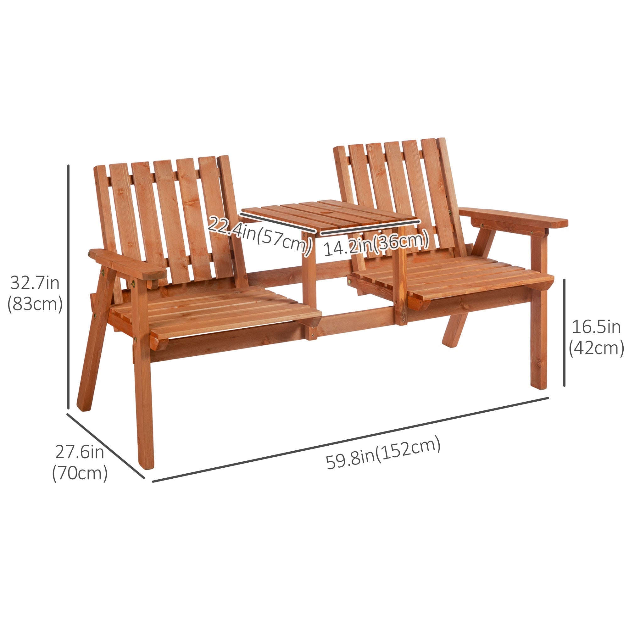 Outsunny Garden Bench for 2 Persons with Middle Table and Umbrella Hole, 2-Seater Outdoor Wooden Bench with Slat Design, Orange 