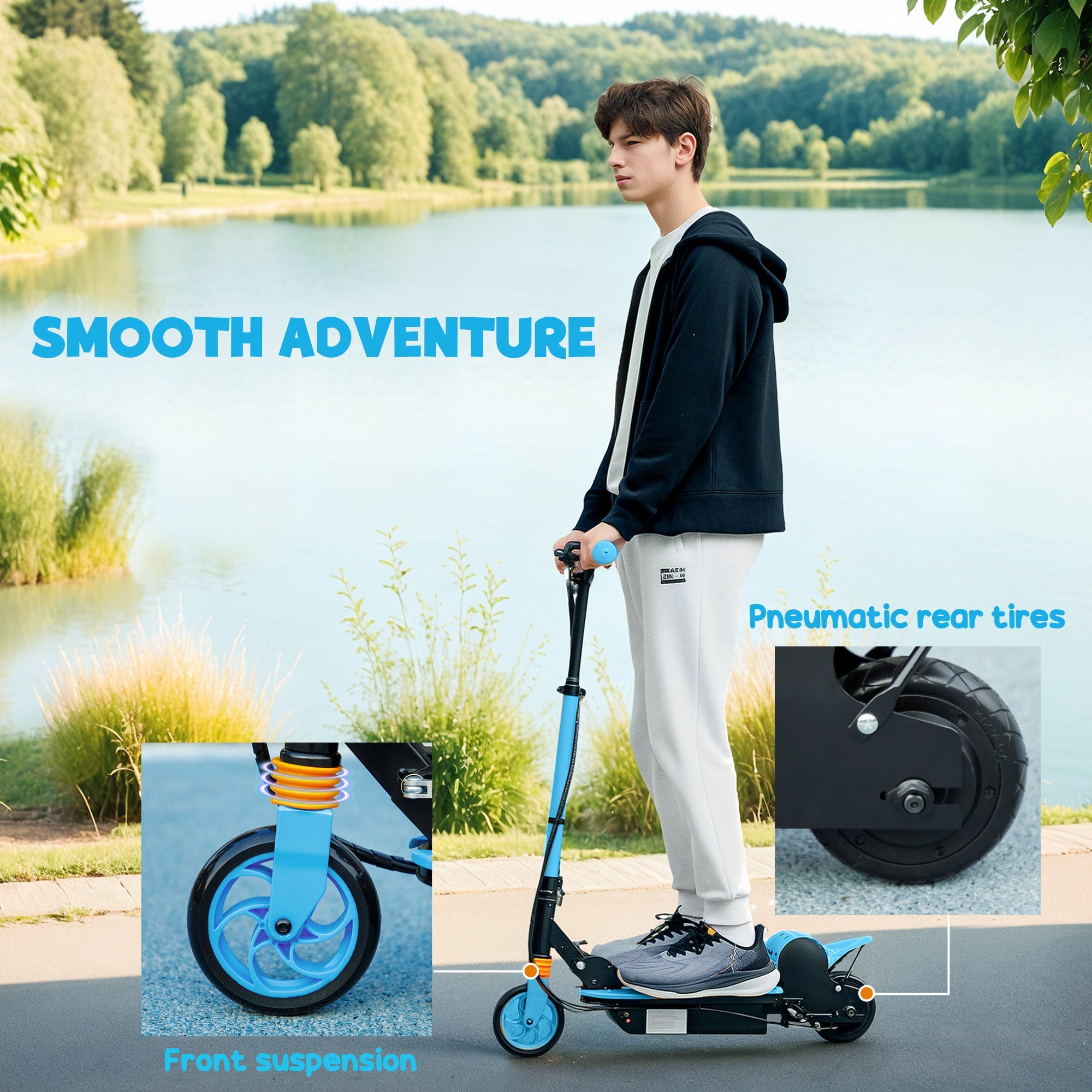 Soozier Foldable Electric Scooter for Kids Ages 6-14, with Seat and 2 Adjustable Heights, Max 6km Range & 12km/h, Blue 