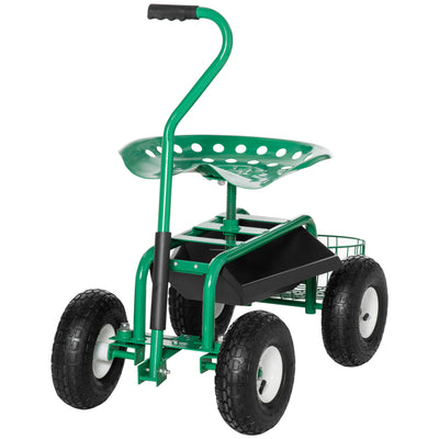Outsunny Garden Scooter, Rolling Cart with Swivel and Adjustable Seat, Tool Tray, Bucket Basket, Green and Black 