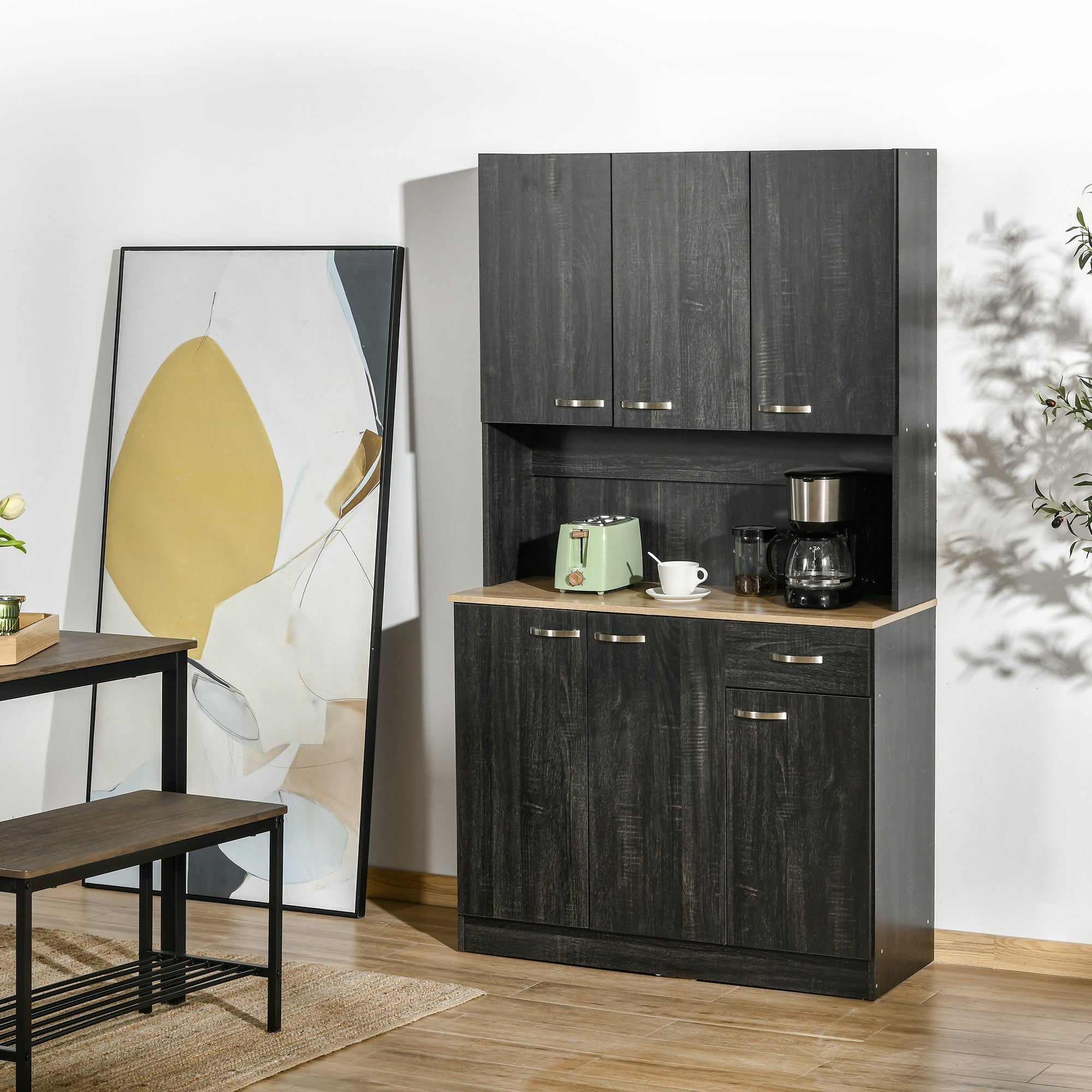 HOMCOM Modern Kitchen Hub: 71" Buffet with Hutch, Black Finish, Storage Cabinets, Drawer, and Microwave Stand 