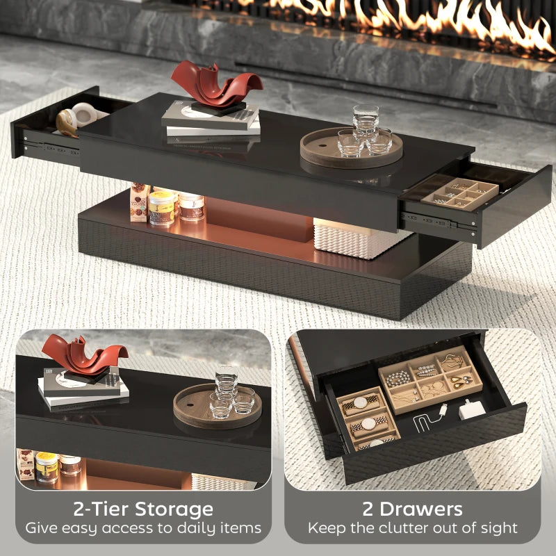 Coffee Table with Adjustable LED Lights, Modern Living Room Table with 2 Drawers, Open Shelf, Remote, High Gloss Black