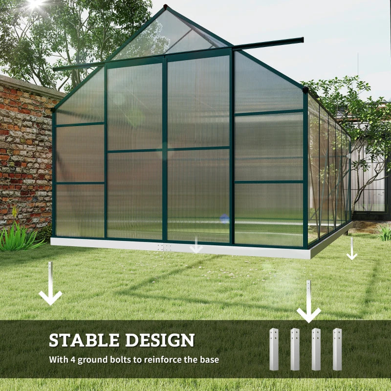Aluminium Greenhouse Polycarbonate Walk-in Garden Greenhouse Kit with Adjustable Roof Vent, 8 x 12ft, Green
