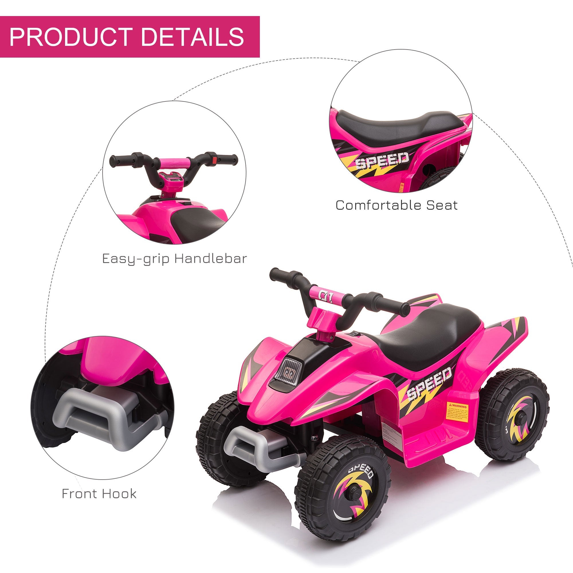 Aosom Kids Ride on ATV, 6V Battery Powered Quad Car with Forward, Reverse Switch, for Boys Girls 18-36 Months, Pink 