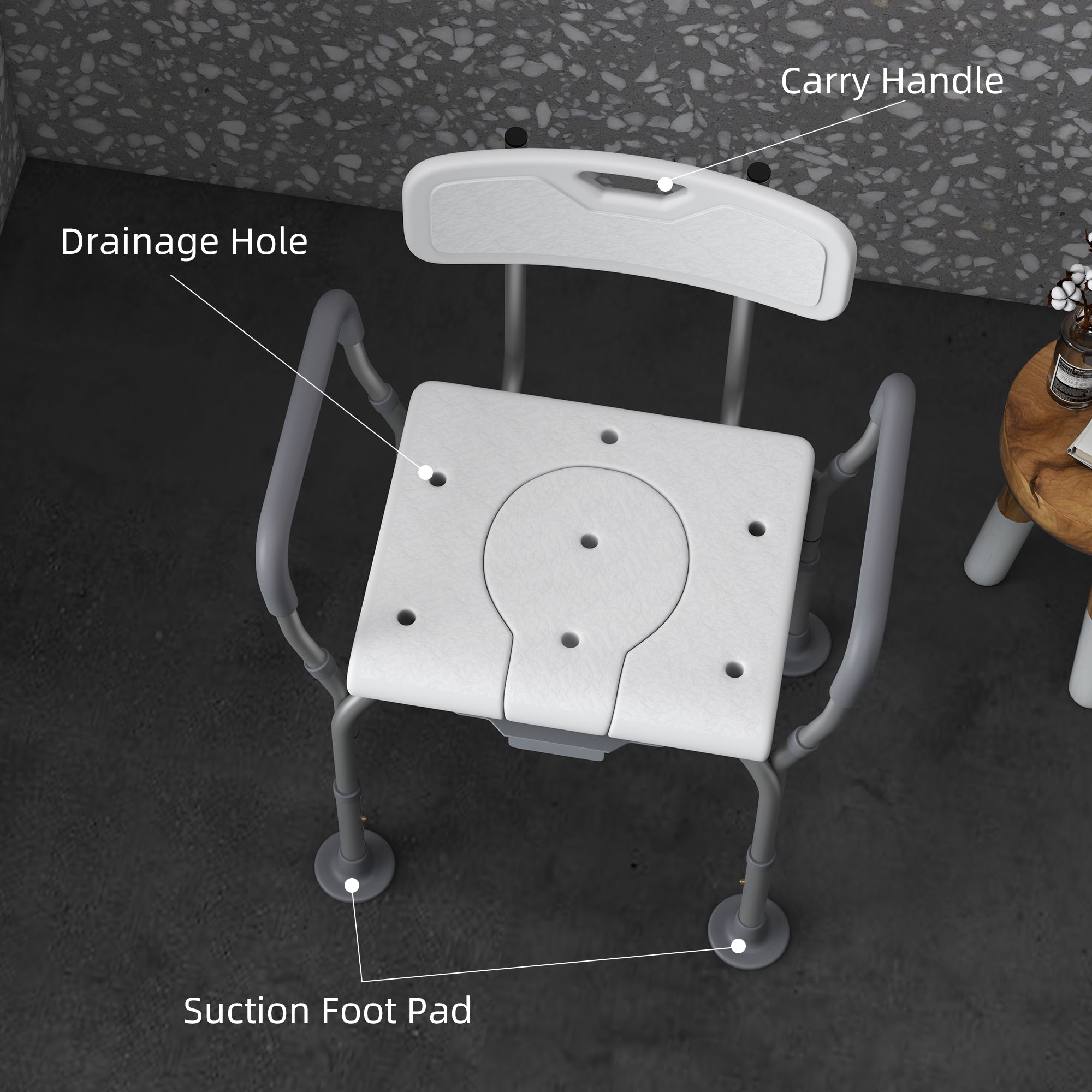 HOMCOM 3-in-1 Shower Chair with Back, Adjustable Bedside Commode, Raised Toilet Seat w/ Rubber Foot Pad for Seniors, Disabled 
