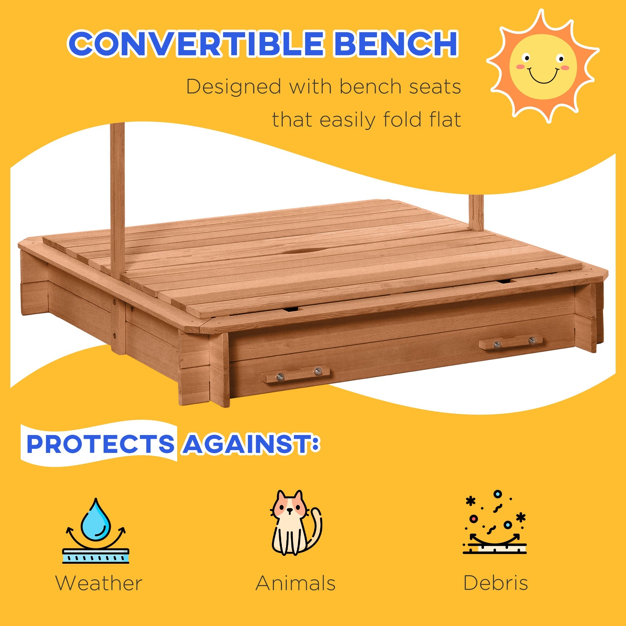 Outsunny Kids Sandbox Wooden with Cover Adjustable Canopy Foldable Bench Seats Sand Play Red 