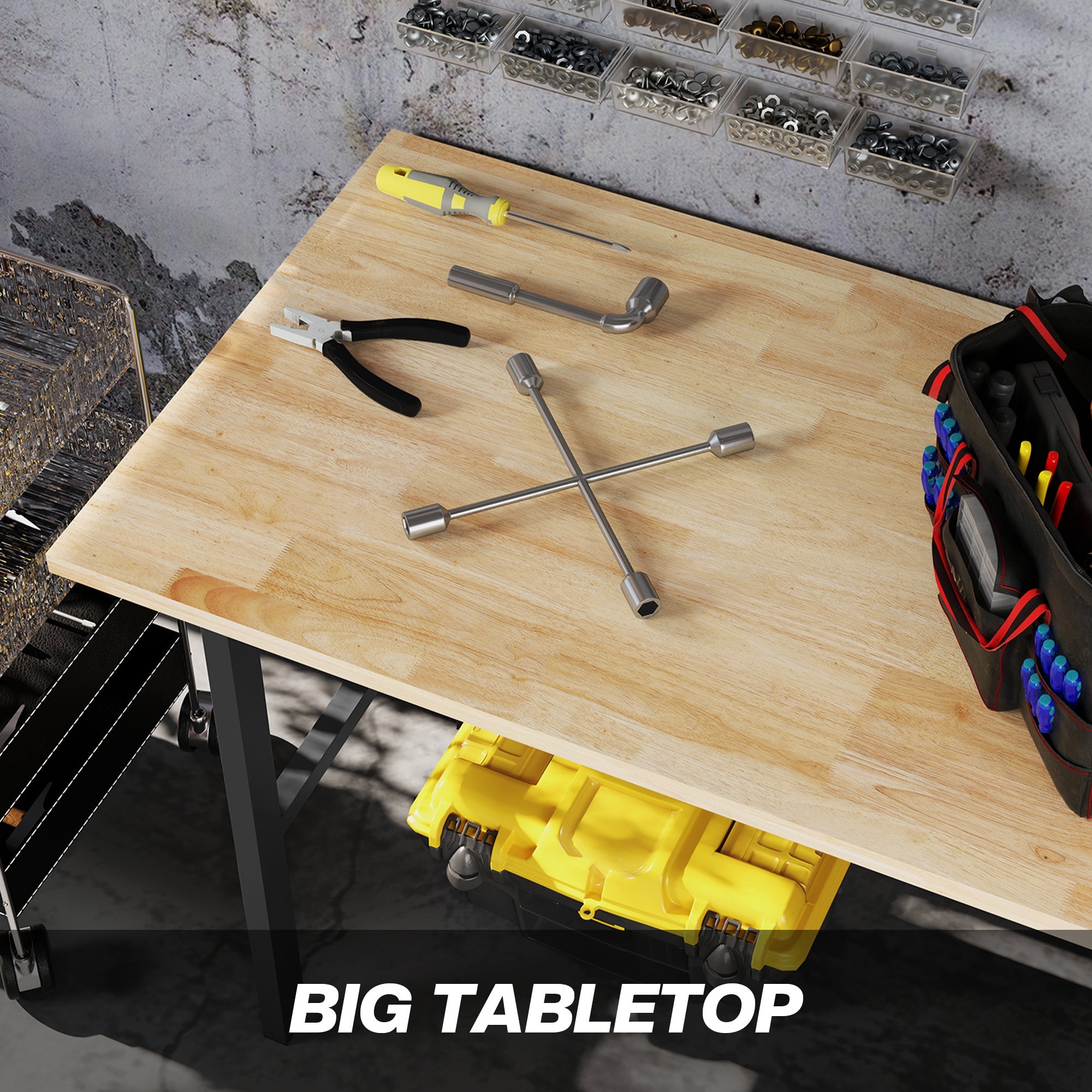 HOMCOM 46" Work bench Table Oak Wood Top, Heavy-Duty Steel Work Table High Stability Workstation, Natural Wood 