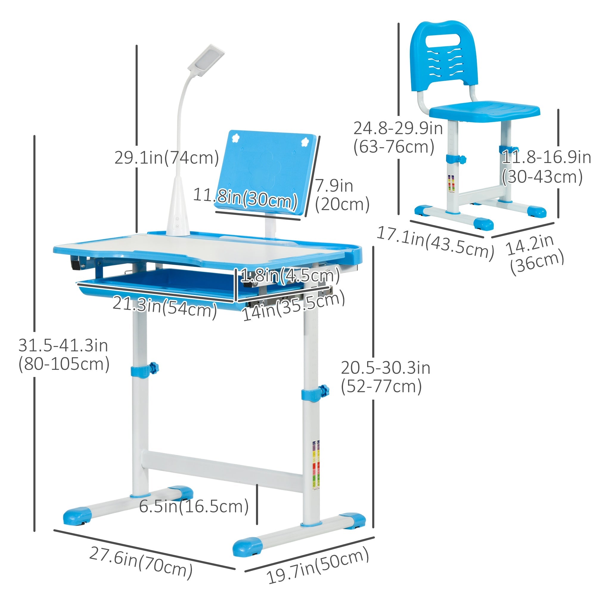 Qaba Adjustable Kids Desk Chair Set with Tilt Desktop LED Lamp Blue for Student Study Comfort 