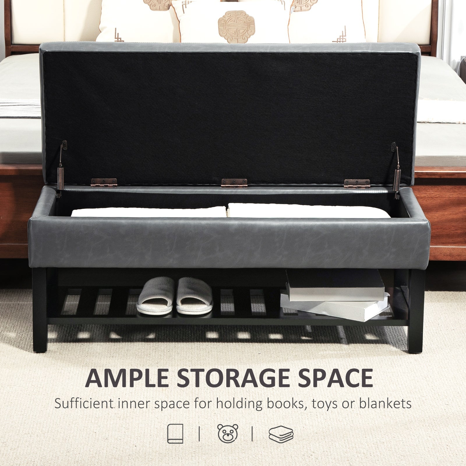 HOMCOM 44" PU Leather Tufted Ottoman Shoe Bench Storage Chest Hallway Grey 