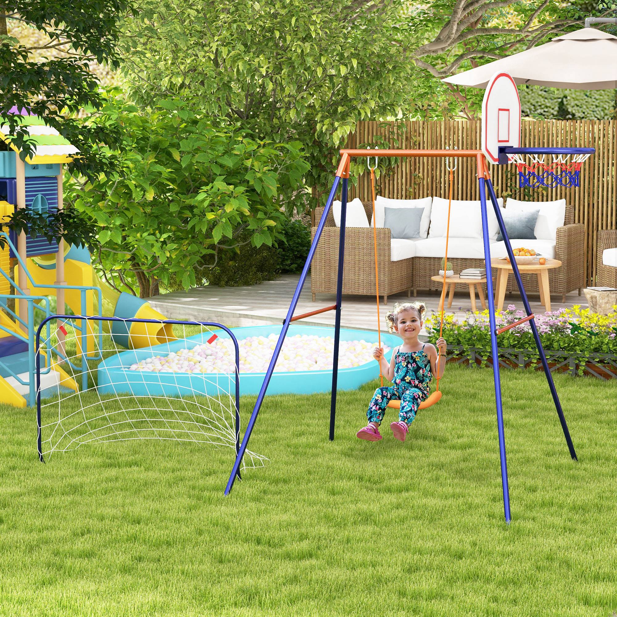 Outsunny Outdoor Kids Swing Set with Seat, Basketball Hoop, Football Goal, Secure Ground Stakes for Ages 3-8 