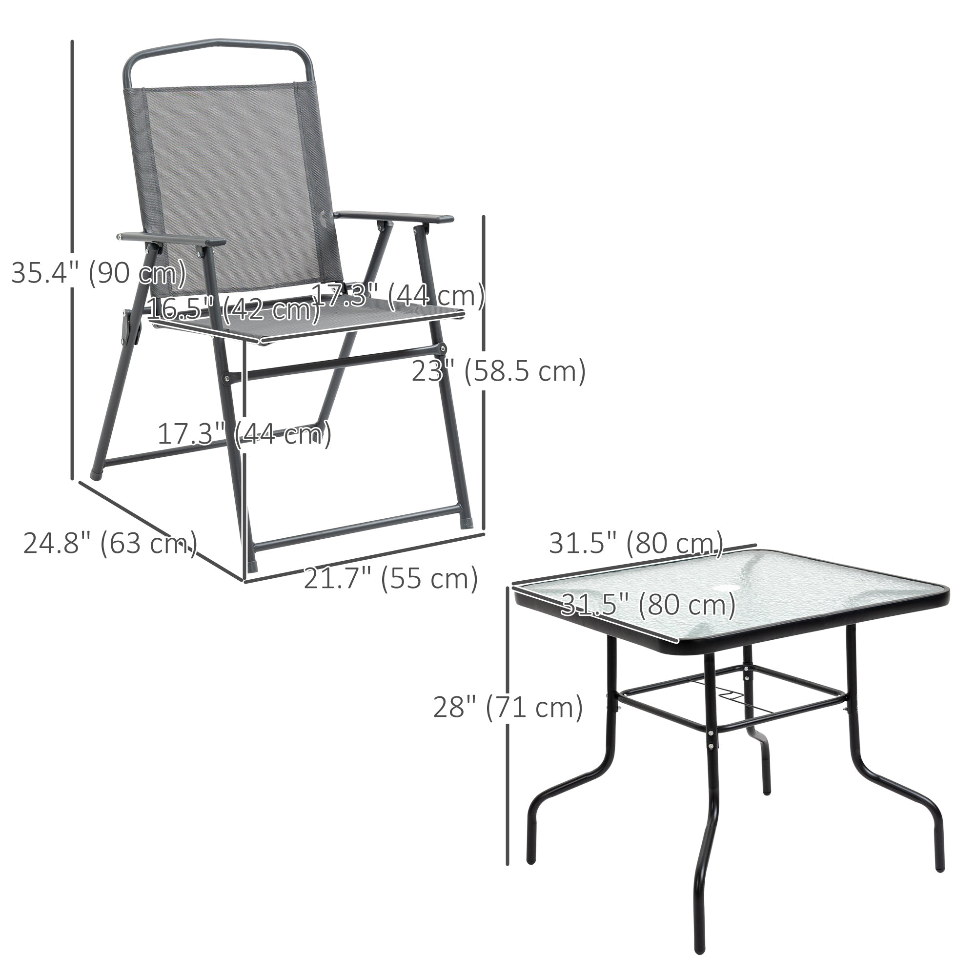 Outsunny 5 Pieces Patio Table and Chairs, Outdoor Dining Set with 4 Folding Chairs, Glass Tabletop and Parasol Hole, Grey 