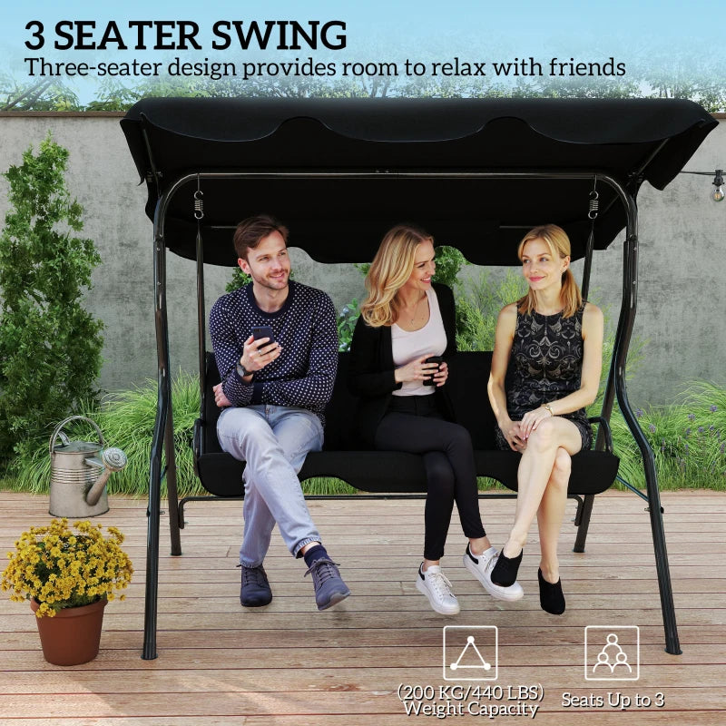 Outdoor Porch Swing with Adjustable Canopy, 3-Seater Patio Swing Chair with Cushion, Black