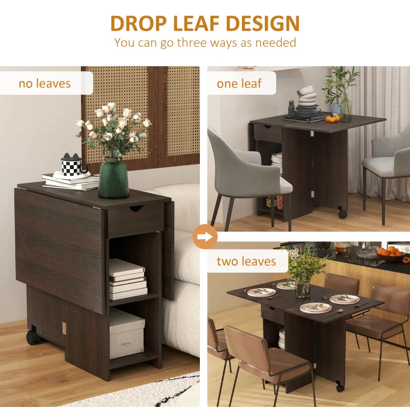 Folding Dining Table, Space Saving Drop Leaf Table with Drawer and Storage Shelves for Kitchen, Dining Room, Dark Brown