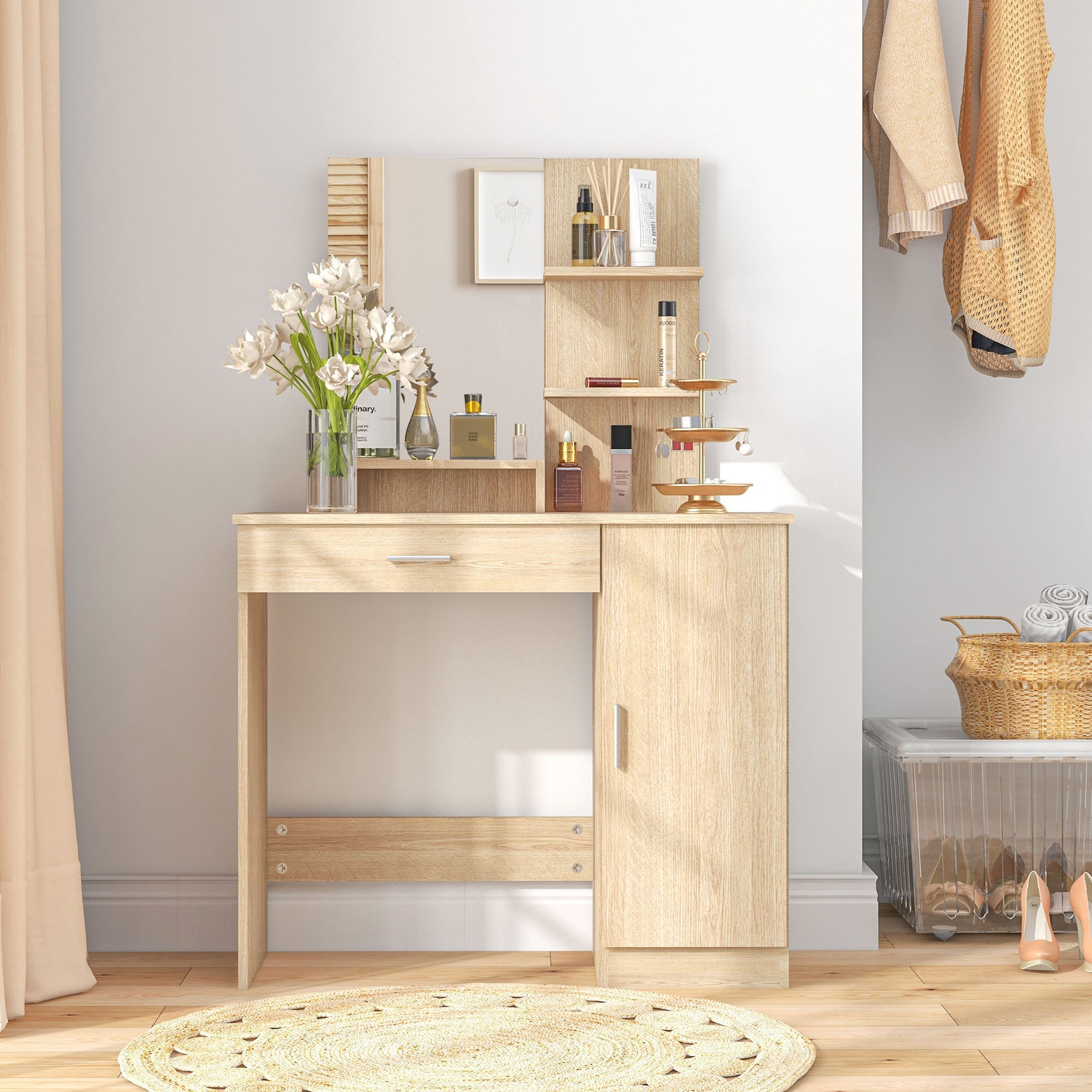 HOMCOM Dressing Table, Vanity Table with Mirror, Drawer and Storage Shelves for Bedroom, 35.4" x 15" x 54.3", Maple Wood 