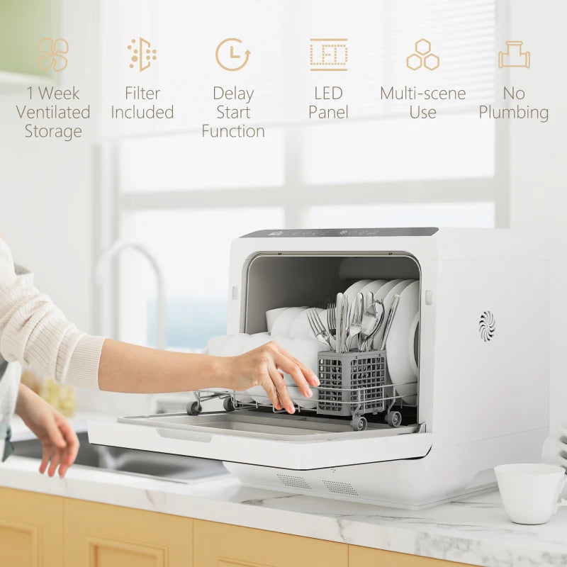 Countertop Dishwasher with Built-in 6L Water Tank, 5 Wash Programs, Touch Control, LED Display, Dual Water Supply, White