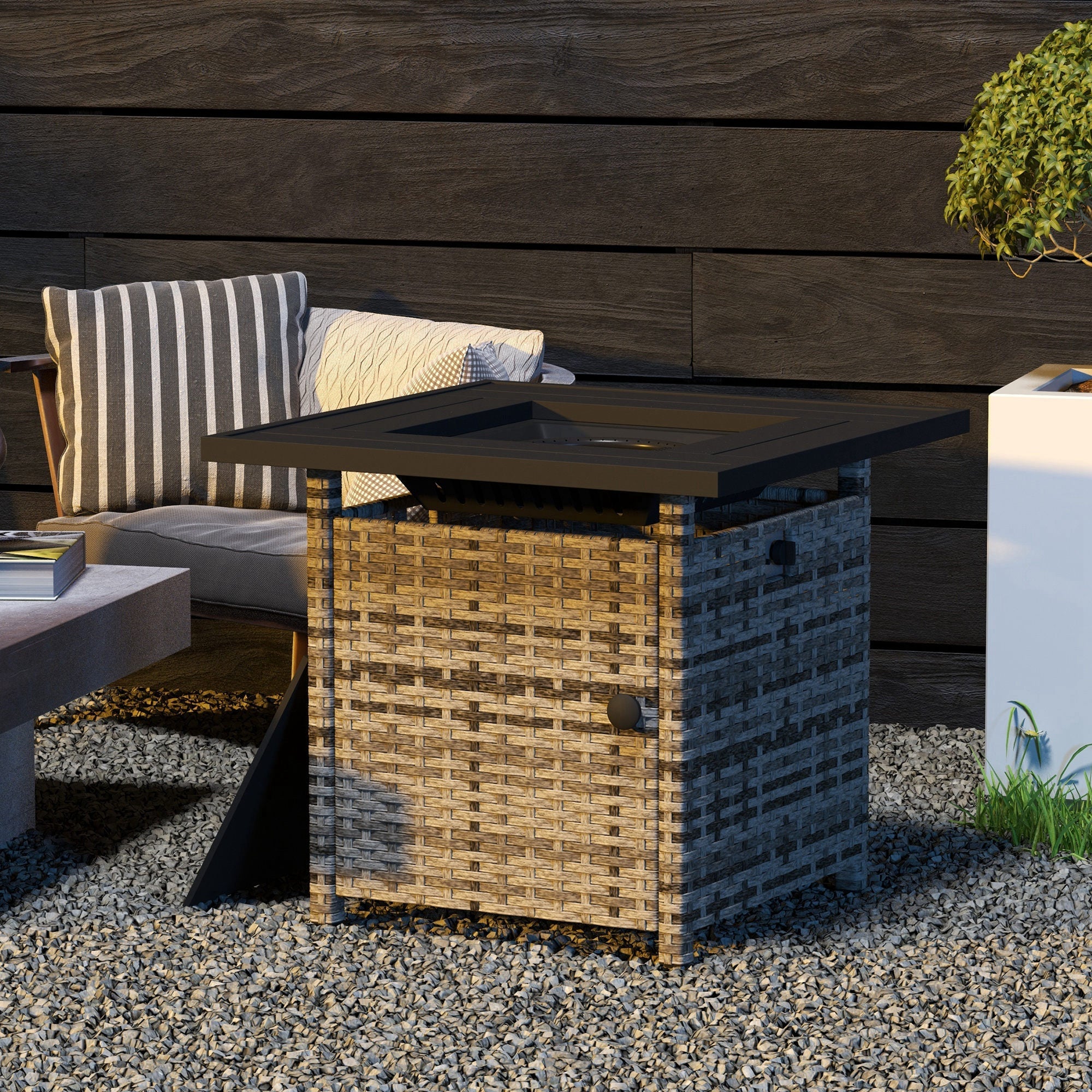 Outsunny Outdoor PE Rattan Propane Fire Pit Table, 50,000 BTU Pulse-Ignition Wicker Fire Table with Glass Wind Guard, Mixed Grey 