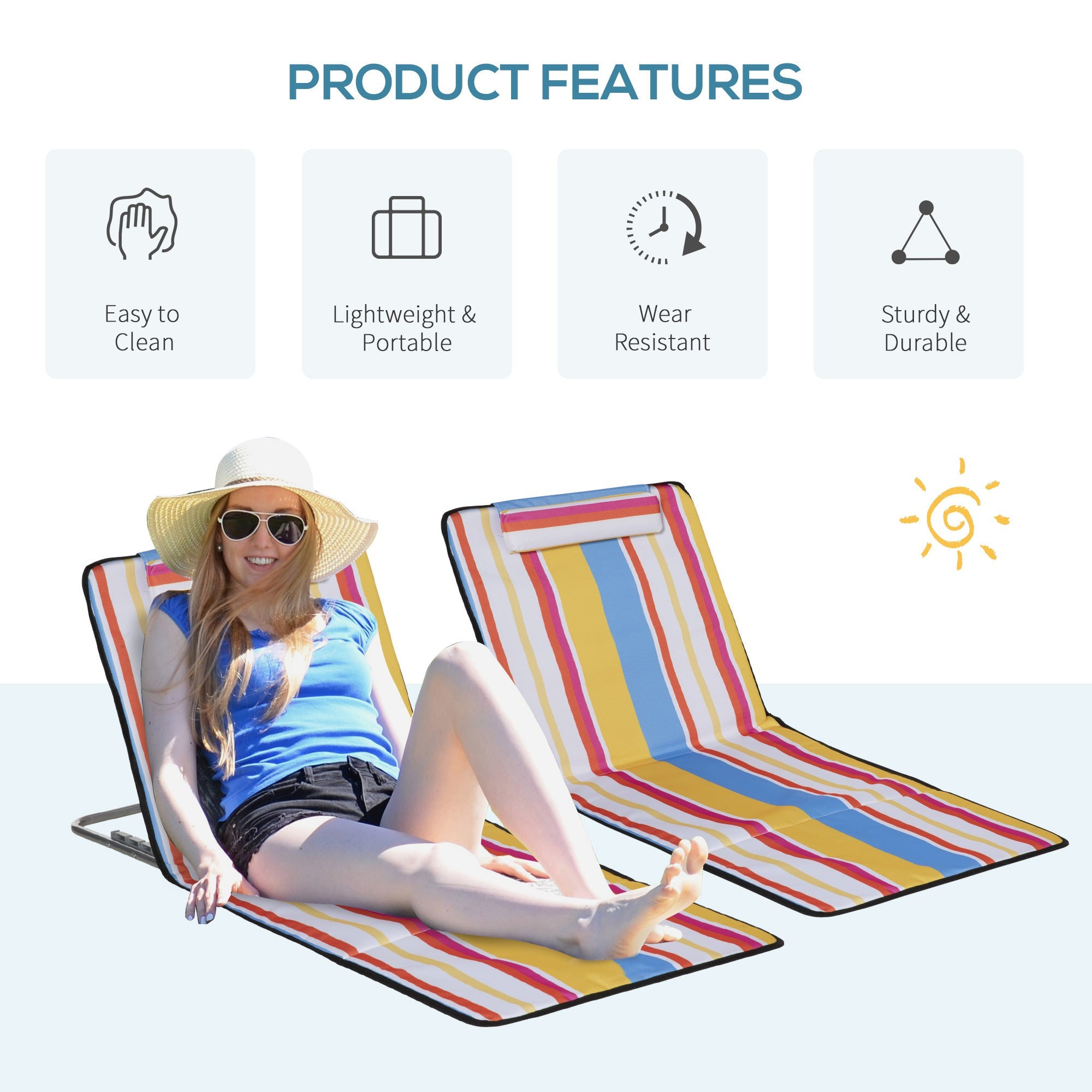 Outsunny Set of 2 Beach Lounge Chair Sun Lounger Beach Mat, Padded Folding Ground Mat Lounge Chair w/Adjustable Back, Steel Frame 