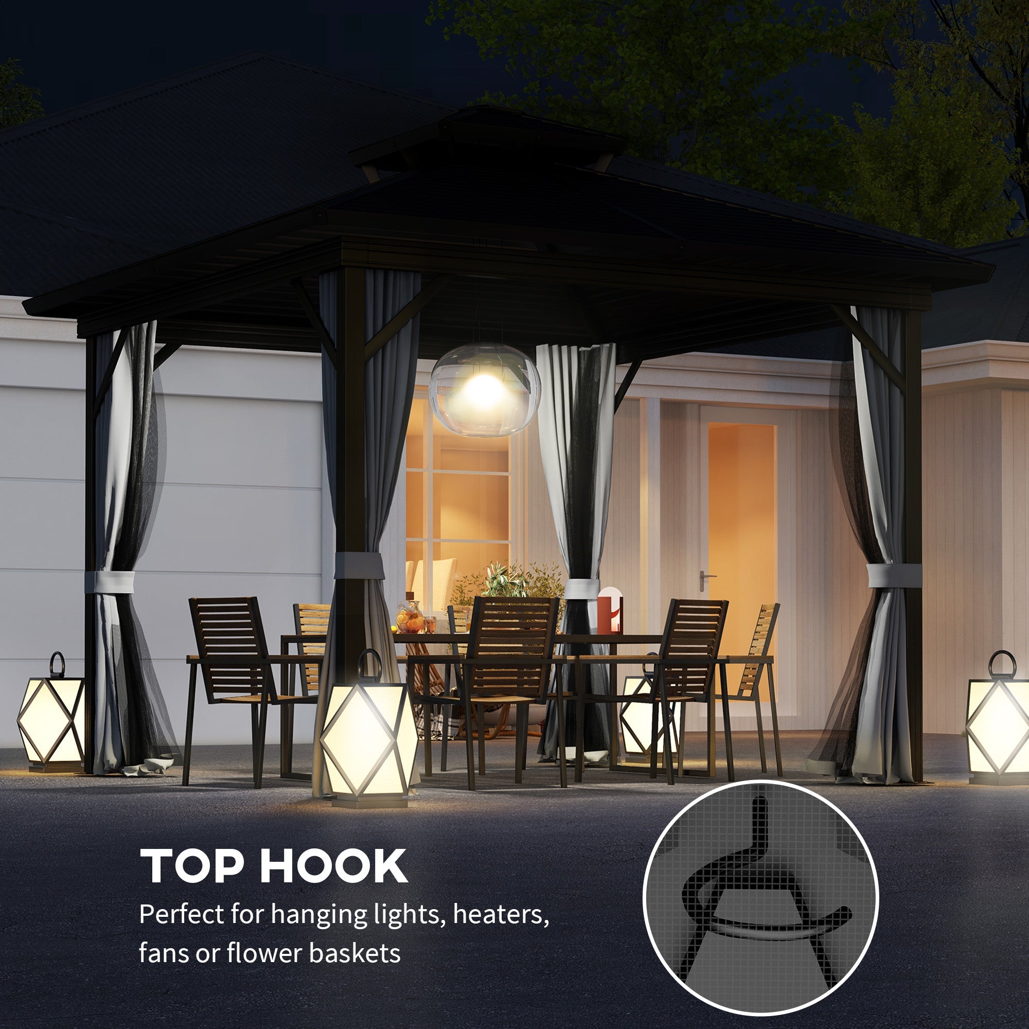 Outsunny 10' x 10' Hardtop Gazebo, Sun Shelter with Double Tier Metal Roof, Mosquito Netting, and Hanging Hook, Light Grey 