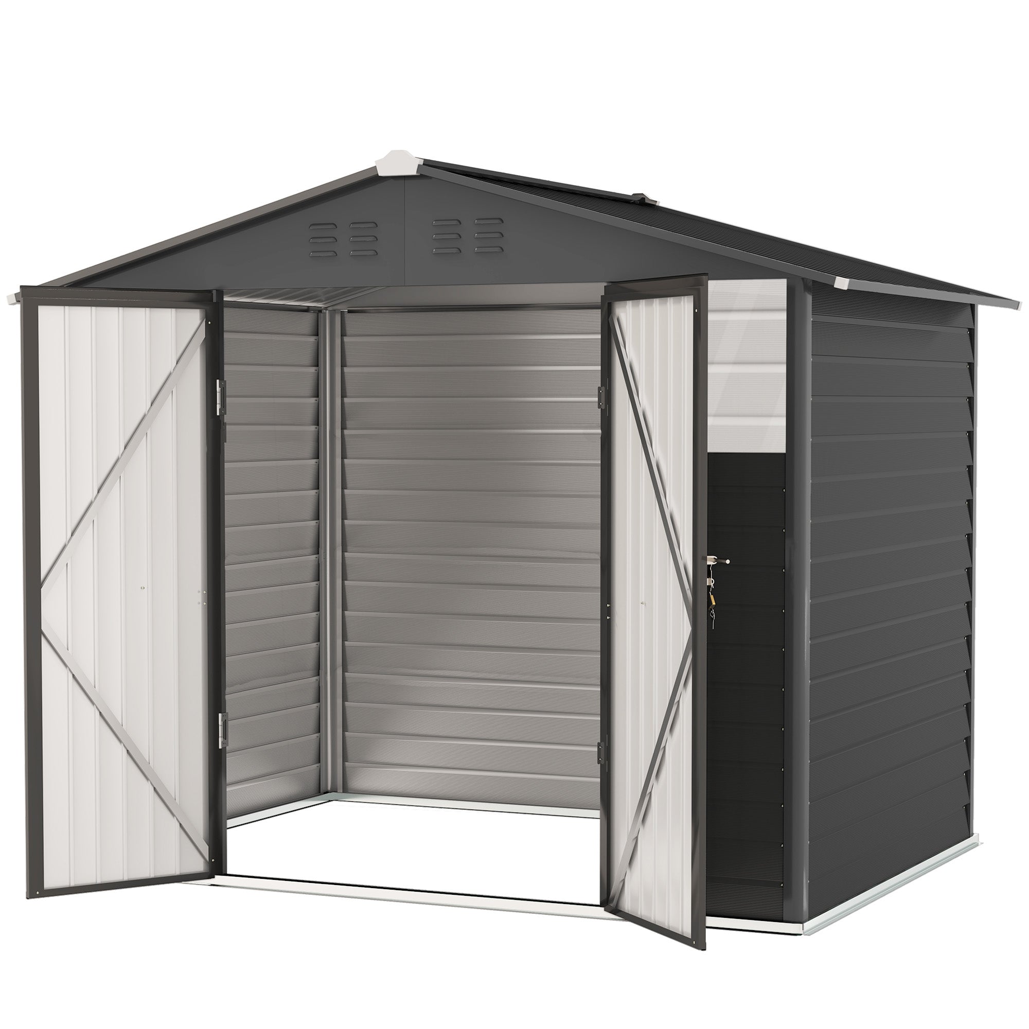 Outsunny 8' x 6' Outdoor Storage Shed, Metal Garden Shed with 2 Windows, 4 Vents, Lockable Doors and Gloves, Dark Grey 