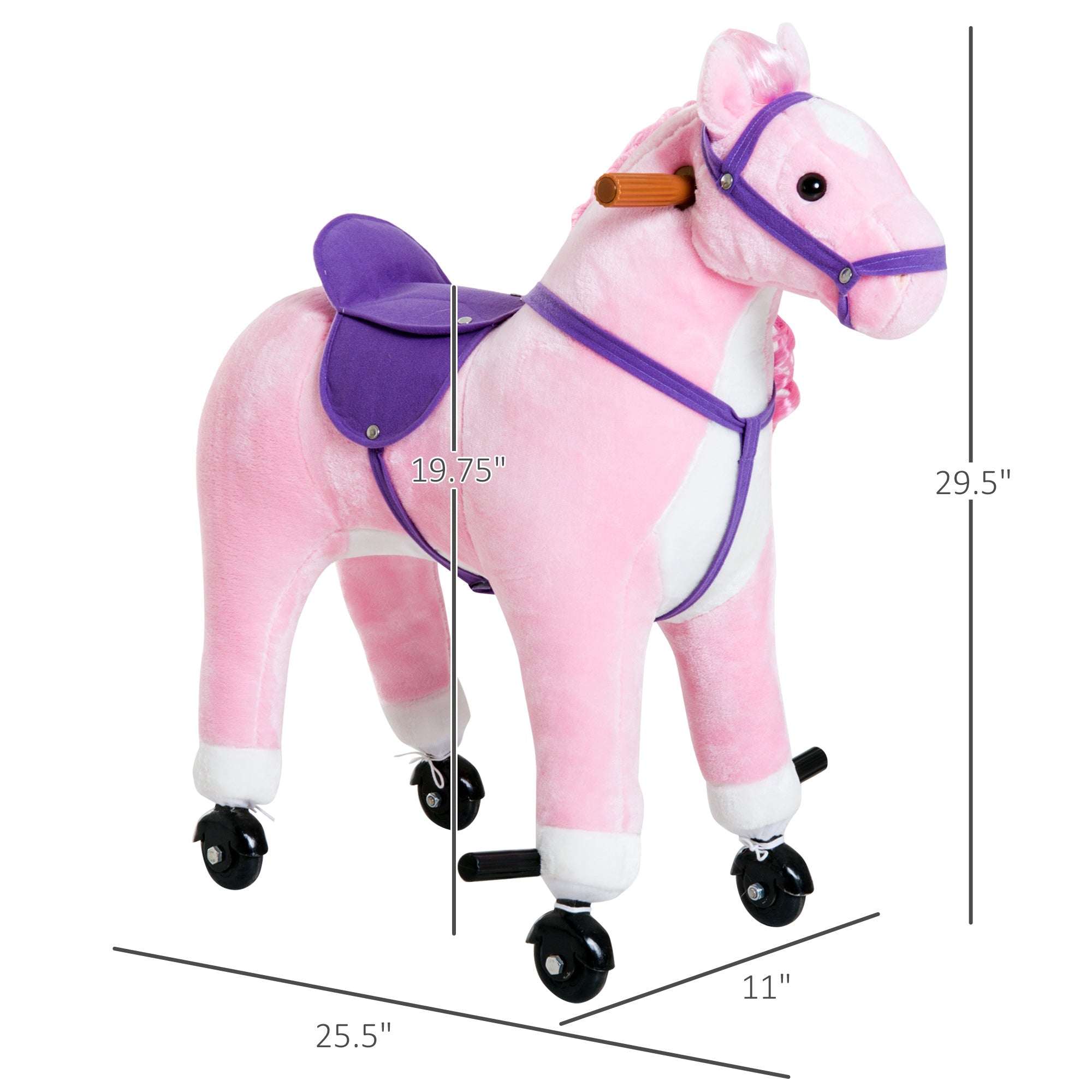 Qaba Pink Plush Pony Ride-On Toy for Kids - Rocking Horse with Neigh Sound & Wheels, 110lb Weight Limit 