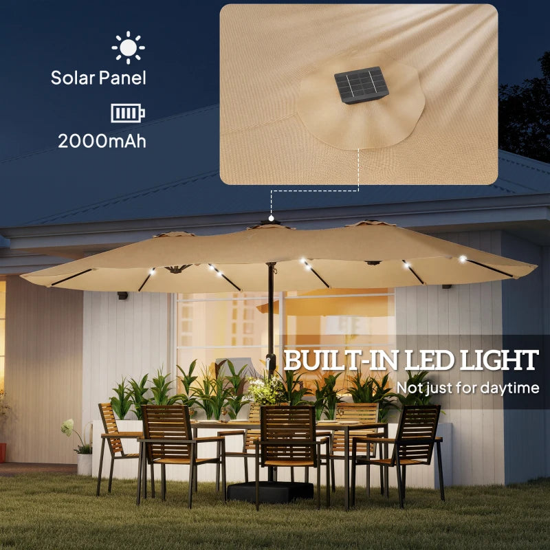 Double-sided Patio Umbrella with Base Included & 48 LED Lights 15ft Khaki