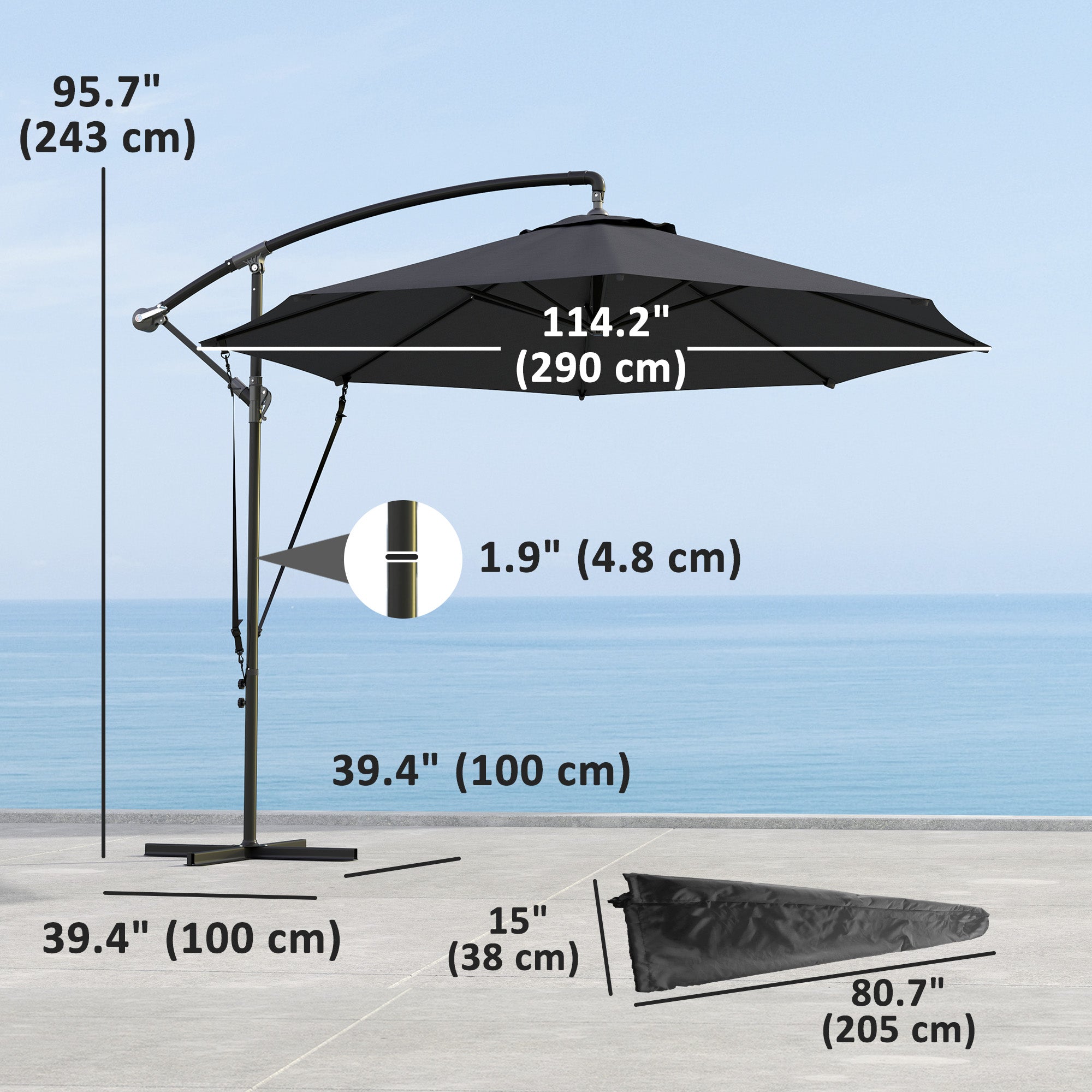 Outsunny 9.5' Cantilever Umbrella with Wind Protection Strap and Cover, Hanging Umbrella with Crank and Cross Base, UPF 50+, Grey 
